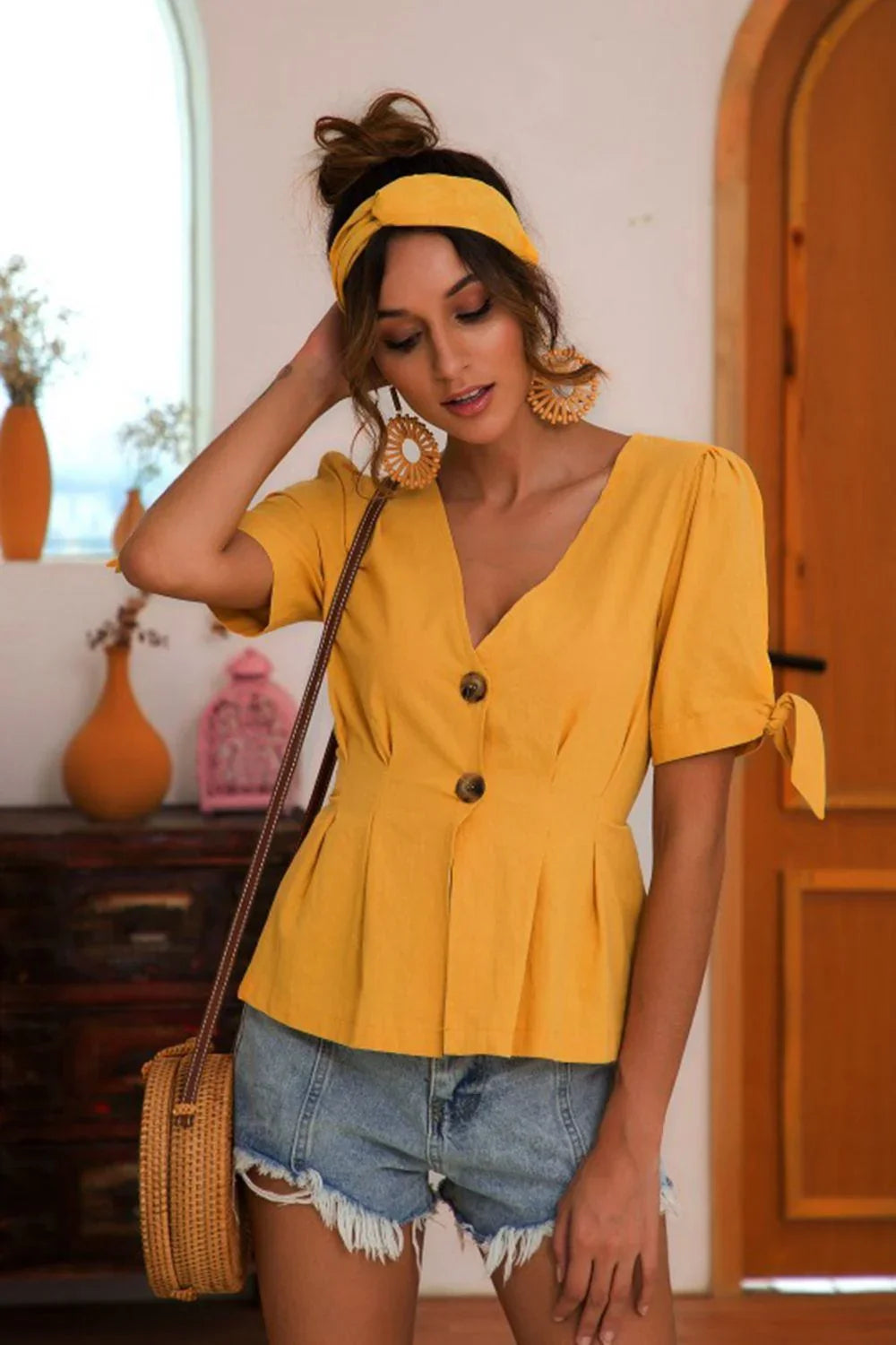 Buttoned V - Neck Short Sleeve Blouse - VILLA FASHION
